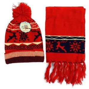 Winter Knitted Snowflake Reindeer Pom Beanie Scarf